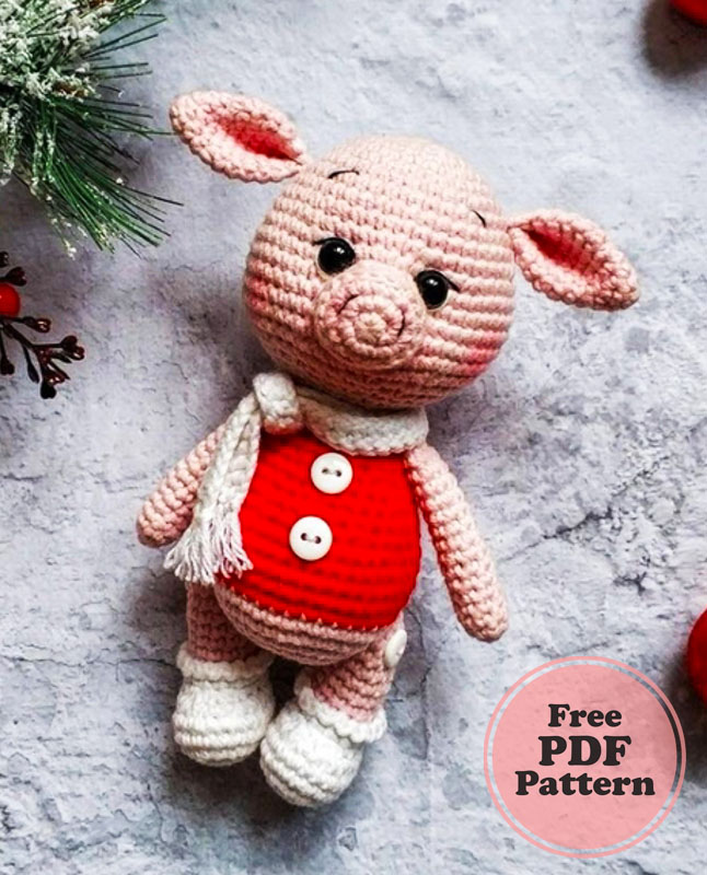 Amigurumi Cochon Pull Rouge et Écharpe Blanche pour Noël (2)