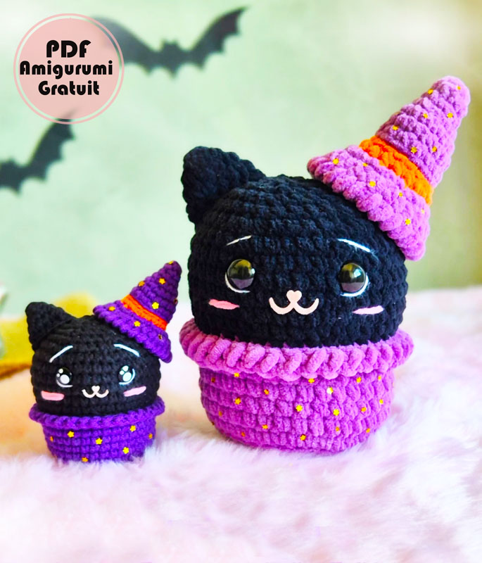 Chat avec Chapeau de Sorcière Amigurumi Patron Gratuit (2)